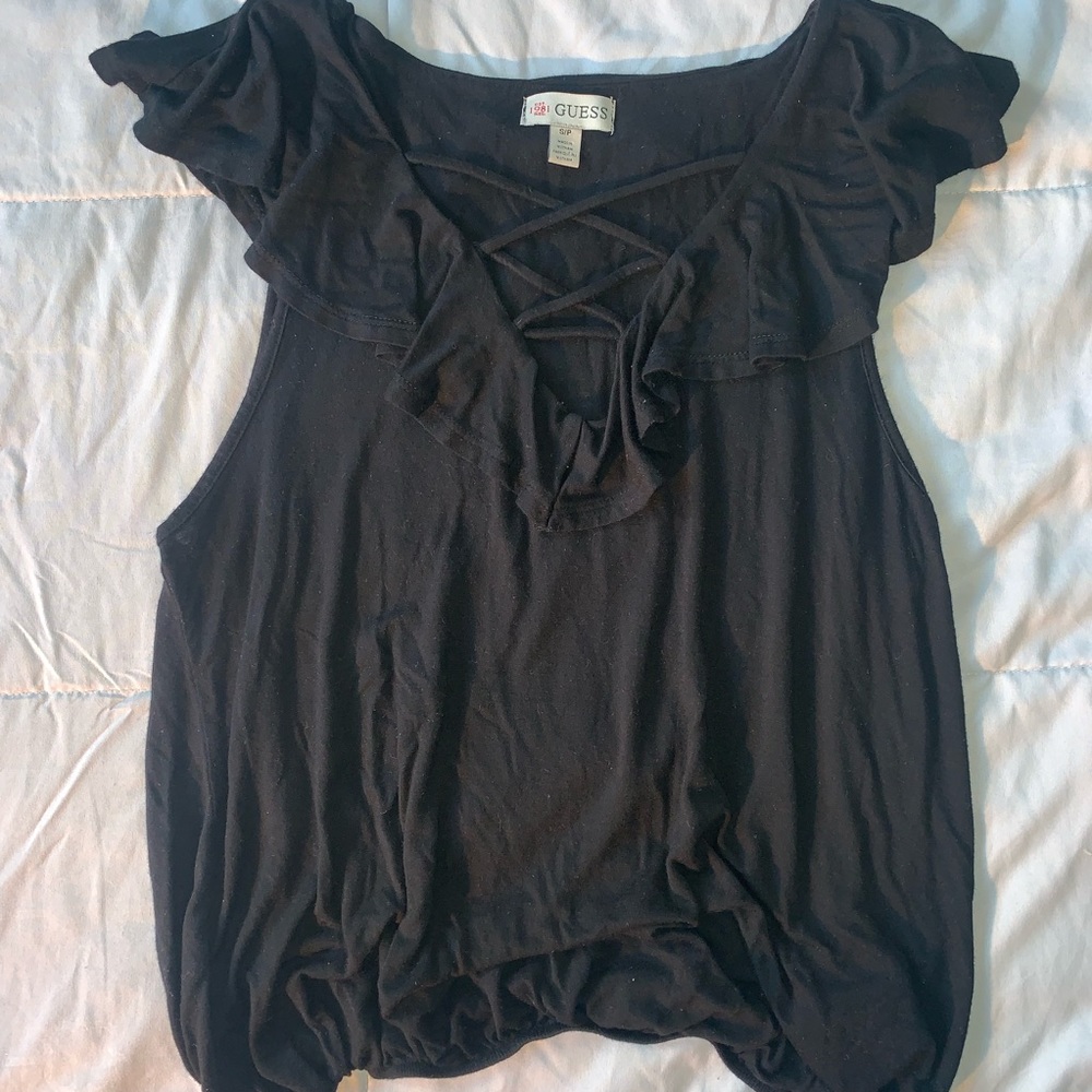 Guess Black Sleeveless with Ruffles Top